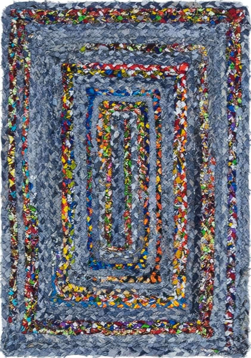 Unique Loom Braided Chindi Rug Blue and Multi/Green 2' x 3' 1" Rectangle Hand Made Abstract Comfort Perfect For Living Room Bed Room Dining Room Office