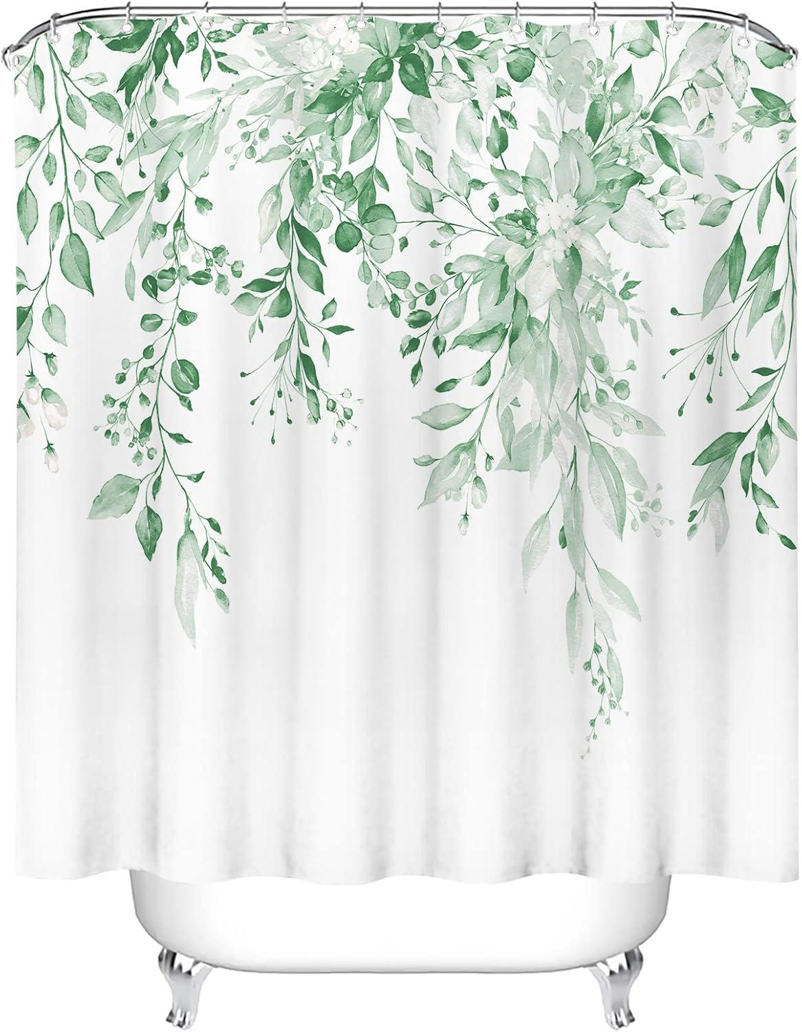 Eucalyptus Watercolor Leaves Semi-Sheer Waterproof Shower Curtain