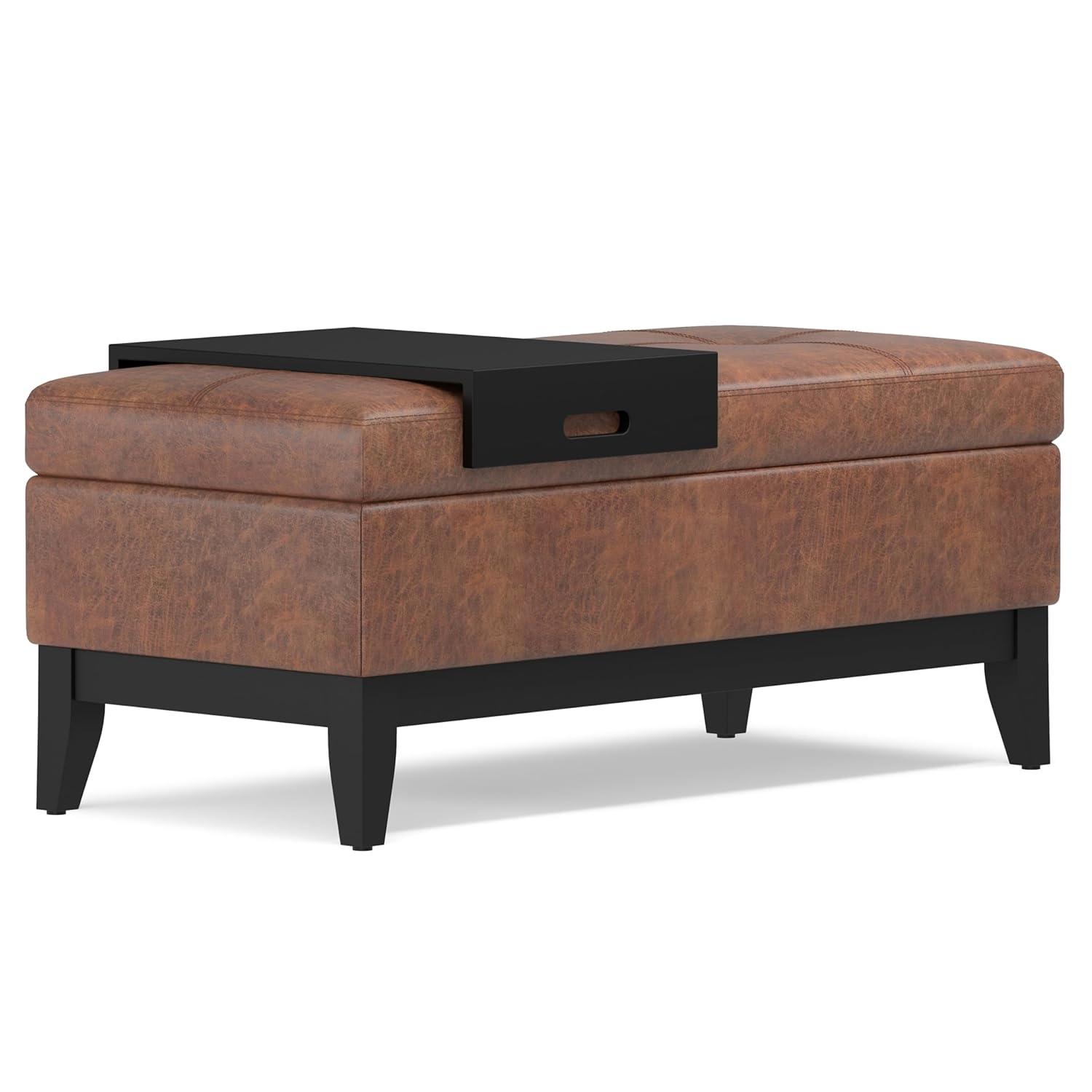 Simpli Home Oregon 42"W Upholstered Storage Ottoman Bench with Lift-Top Lid and Tray