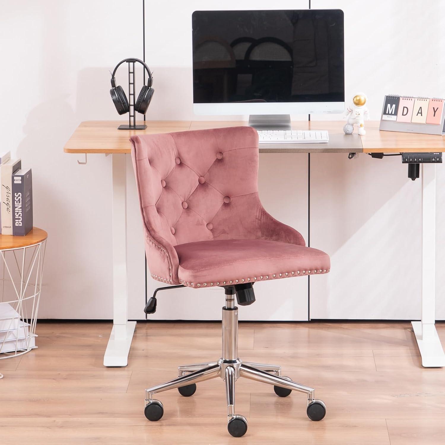 Pink Velvet Swivel Office Chair with Adjustable Height