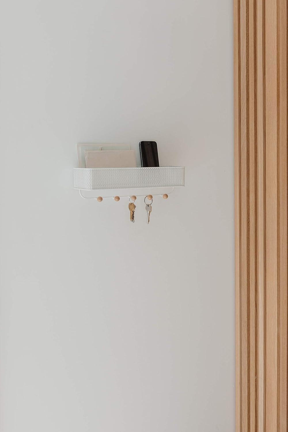 White Steel Wall Organizer with Wooden Knob Hooks