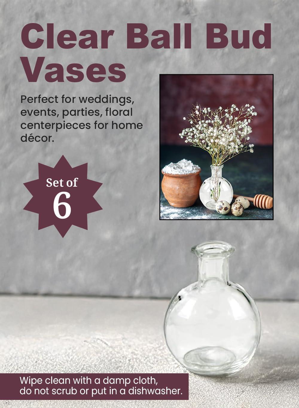 Serene Spaces Living Set of 6 Clear Ball Bud Vases, Transparent Glass Vases for Weddings, Events, Parties, Floral Centerpieces for Home Decor, Measures 4" Tall