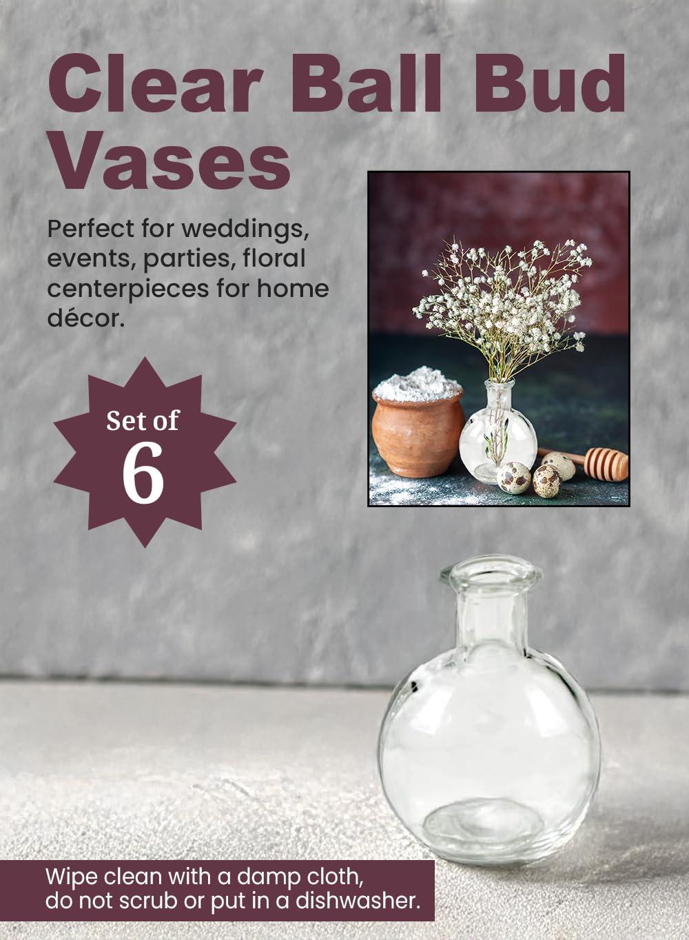 Serene Spaces Living Set of 6 Clear Ball Bud Vases, Transparent Glass Vases for Weddings, Events, Parties, Floral Centerpieces for Home Decor, Measures 4" Tall