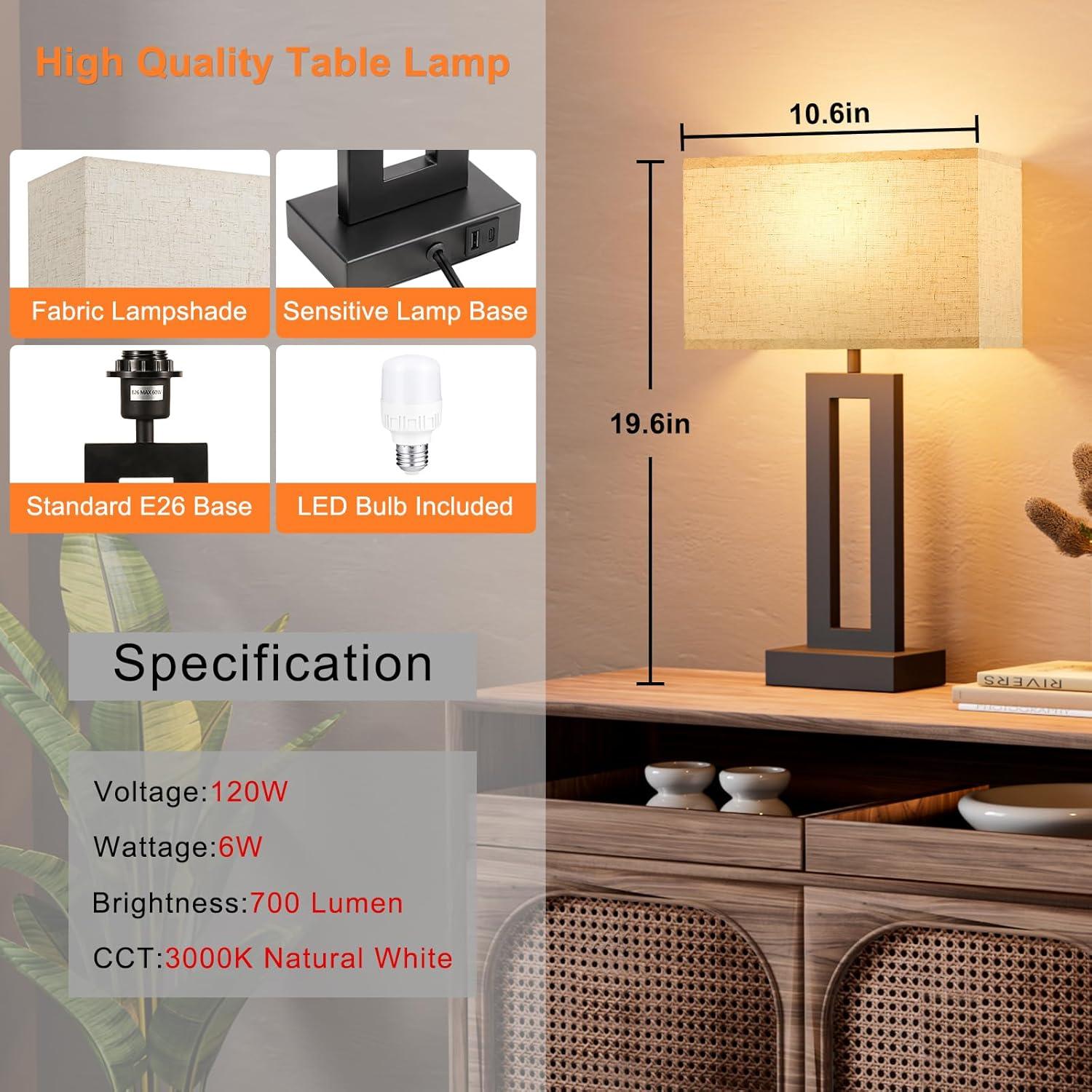 Nightstand Table Lamps for Bedrooms Set of 2 - Touch Bedside Lamp with USB C+A, 3 Way Dimmable Living Room Lamps for End Tables Set of 2, Modern Night Stand Lamps for Bed Side Guest Room(Cream)