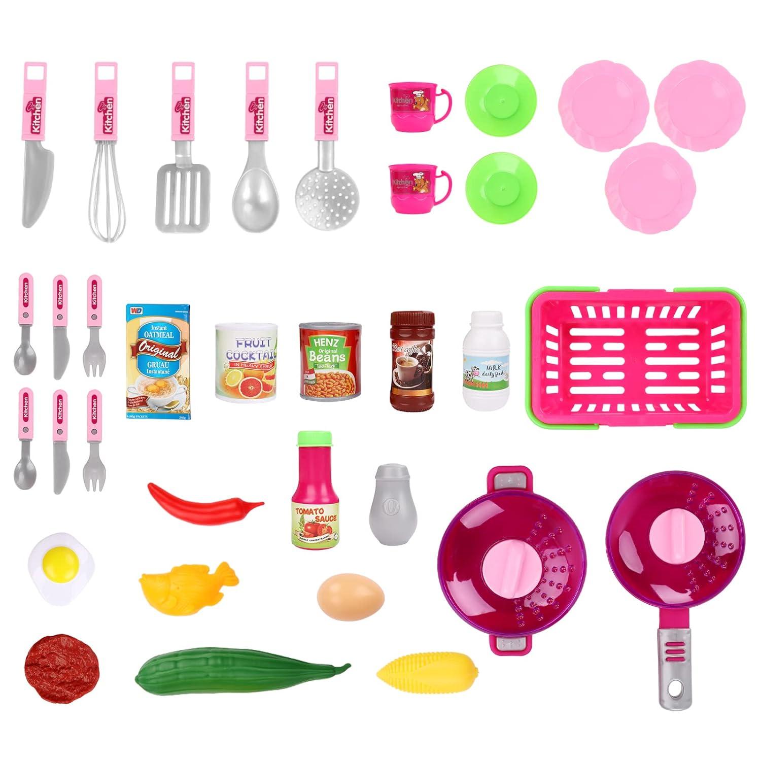 Wellsay Kitchen Playset Toy Pretend Food with Sounds and Lights Role Playing Game Pretend Food Playset for Toddlers,Pink