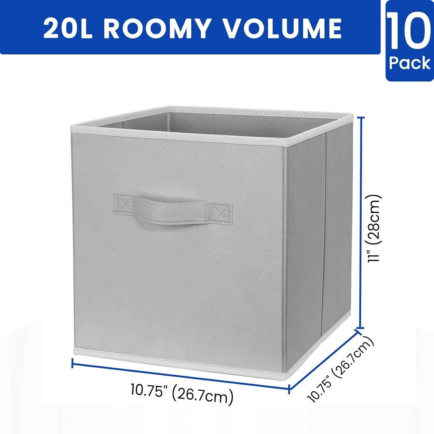 11 Inch Fabric Storage Cubes with Dual Handles, Collapsible Cube Bins for Shelves (10 Pack), Foldable Baskets for Clothes, Closet Organizers and Storage Box (Grey)