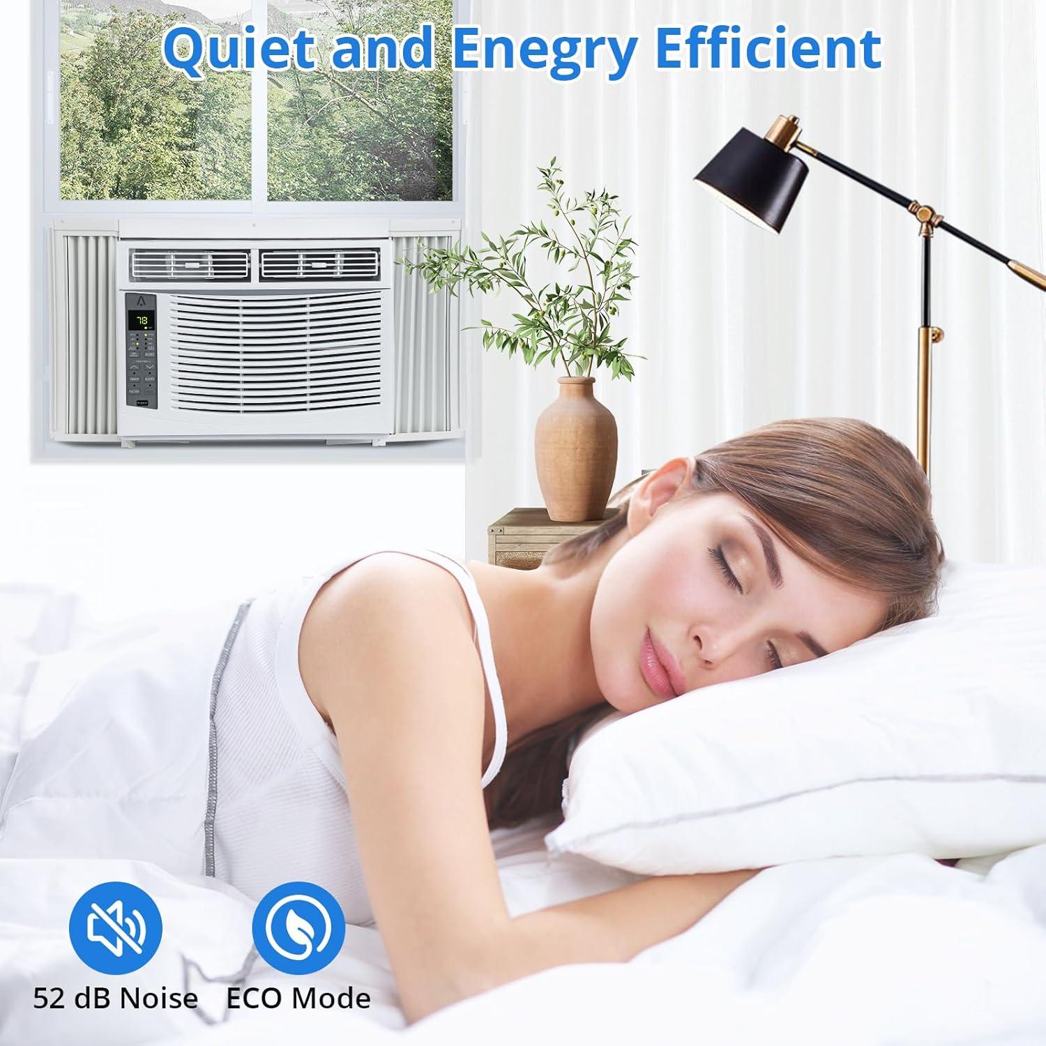 Homhougo 6,000 BTU Window Air Conditioner, 3-in-1 AC Unit (Cooling, Dehumidifying, Fan), Timer, Sleep/ECO Mode, Easy Installation Kit, Cools Rooms Up to 350 Sq.Ft, 115V/60Hz