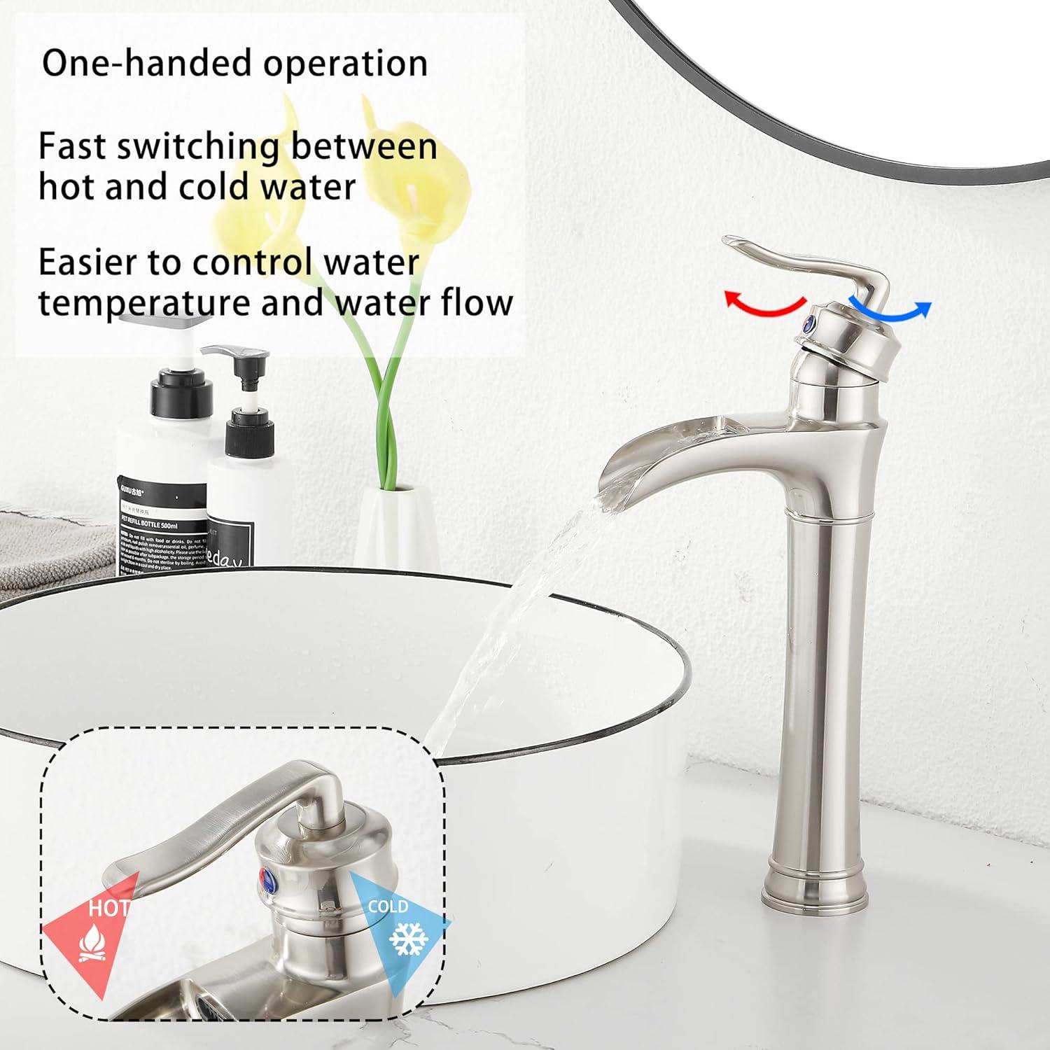 Waterfall Bathroom Faucet Brushed Nickel GGStudy Single Handle One Hole Tally Body Farmhouse Bathroom Vessel Sink Faucet Matching with Pop Up Drain