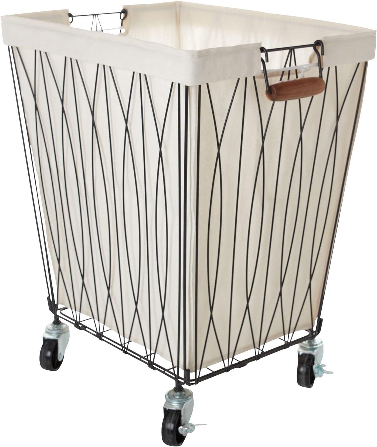 Verona Large White and Black Rolling Laundry Hamper with Canvas Bag