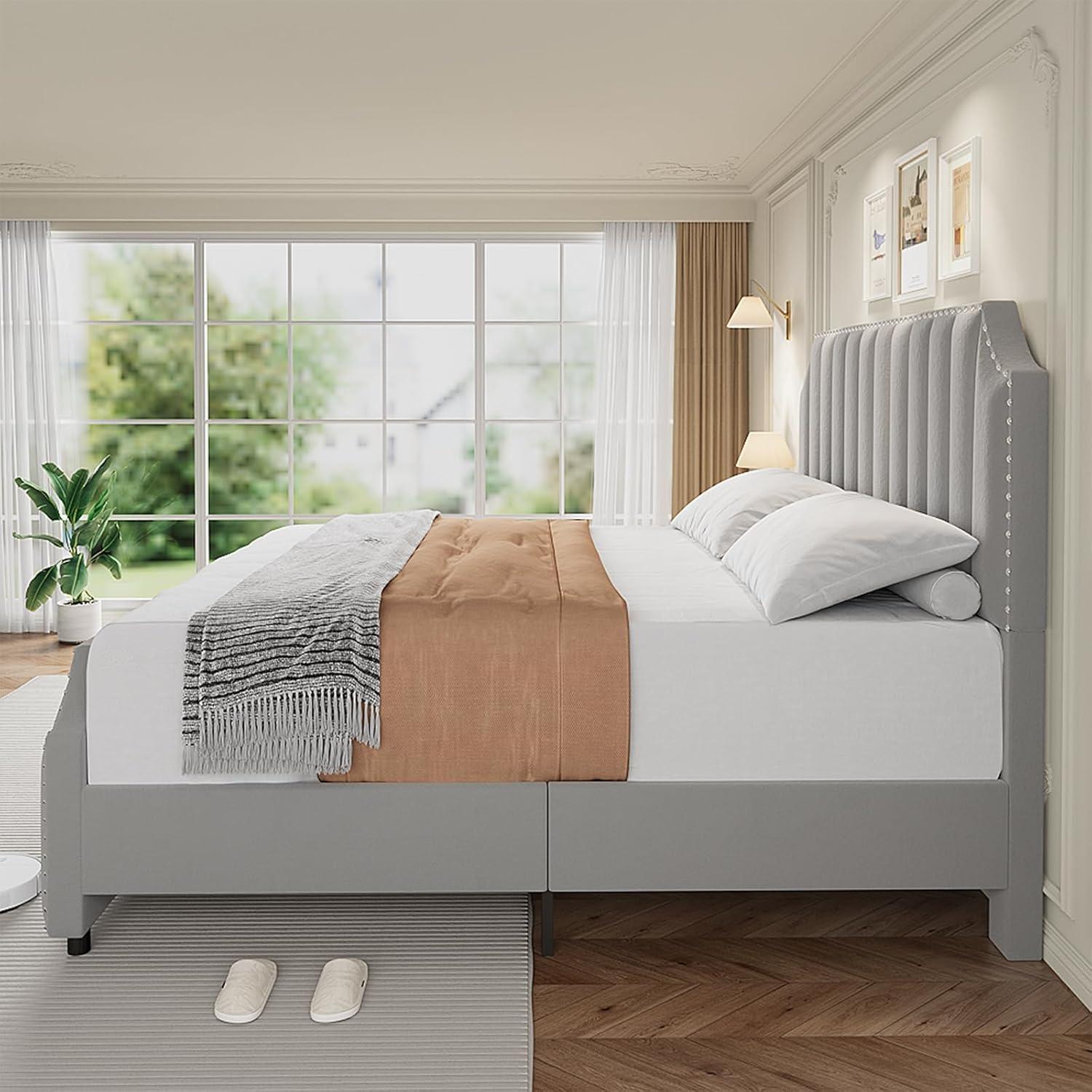 Queen Size Platform Bed Frame with 50.2" Headboard, Velvet Upholstered Bed Frame Queen with Vertical Channel Tufted Headboard & Footboard,Light Gray