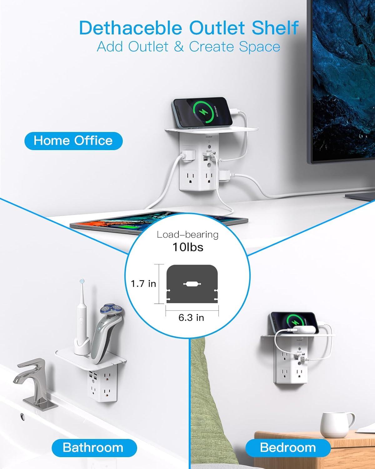 Multi Plug Outlets, Wall Outlet Extender with Night Light and Outlet Shelf, Surge Protector 4 USB Ports(1 USB C), USB Wall Charger Power Strip Electric Outlet Splitter for Home Office White
