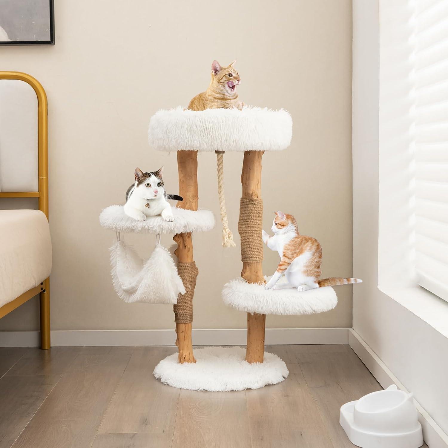 Tangkula 34" Tall Wooden Cat Tree Solid Wood Cat Tower with Jute Scratching Posts