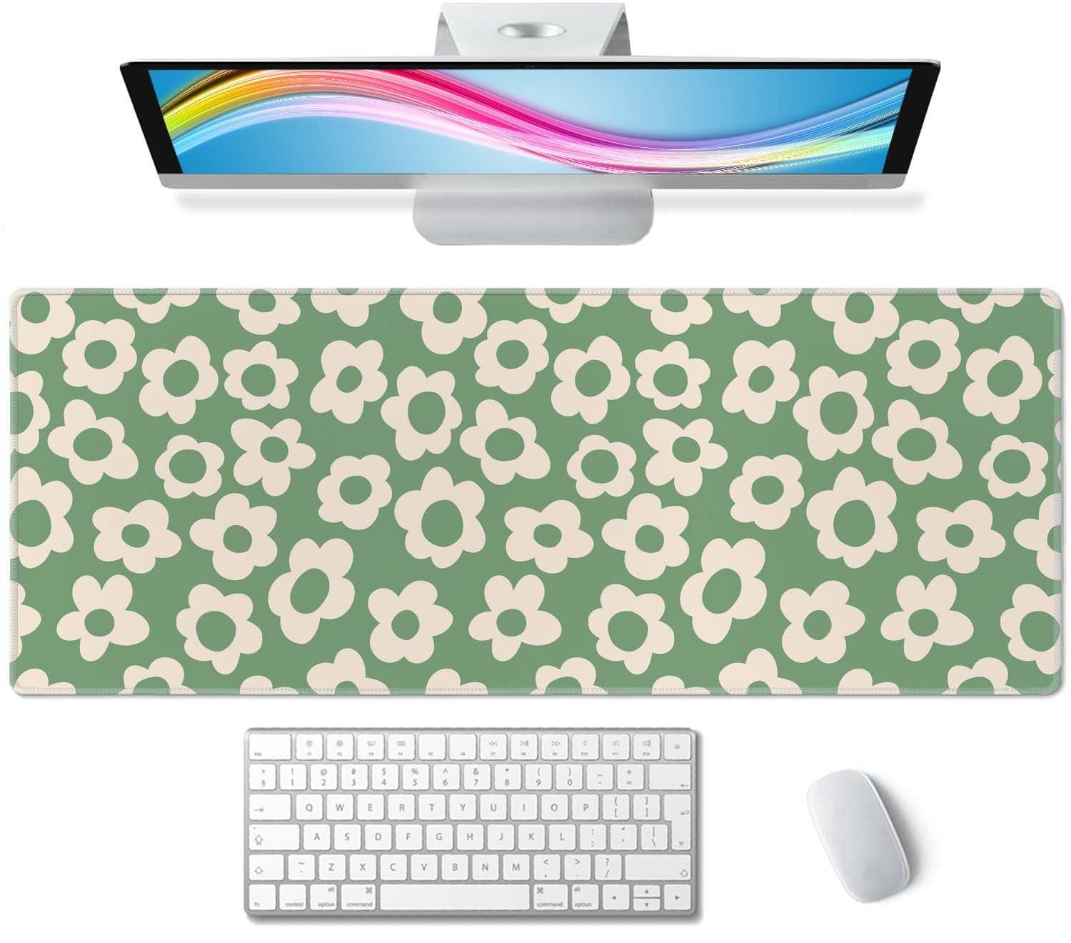 Vintage Groovy Green Flowers Gaming Mouse Pad,Extended Large Mouse Mat Desk Pad,Big Computer Keyboard Desk Pad,Stitched Edges Mousepad,3mm Thick Long Non-Slip Rubber Base Mice Pad, 31.5 X 11.8 Inch