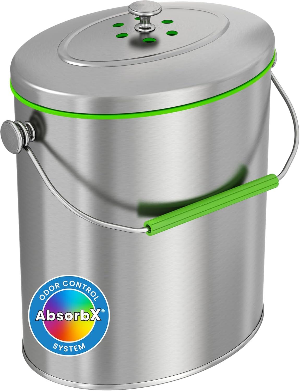 Titanium Stainless Steel 1.6 Gallon Kitchen Compost Bin with AbsorbX Odor Filter