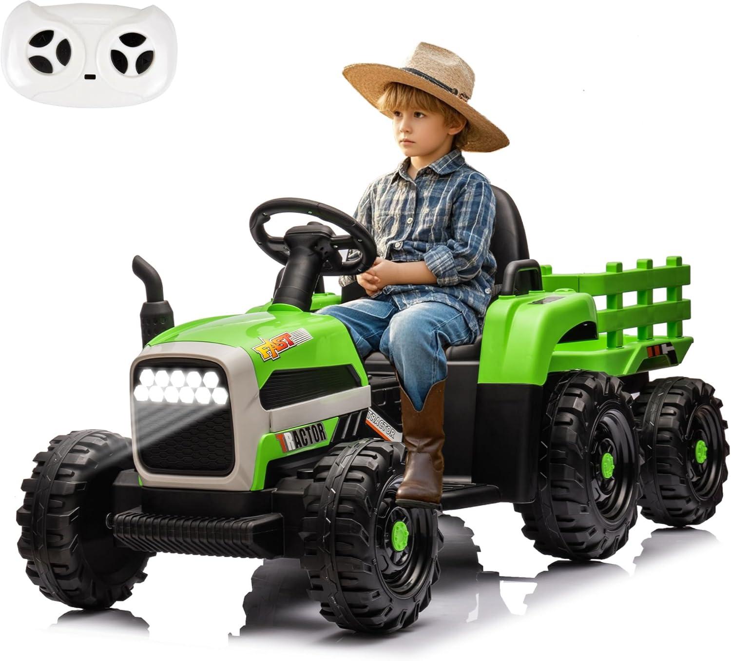 Green 12V Ride-On Tractor with Trailer and Remote Control