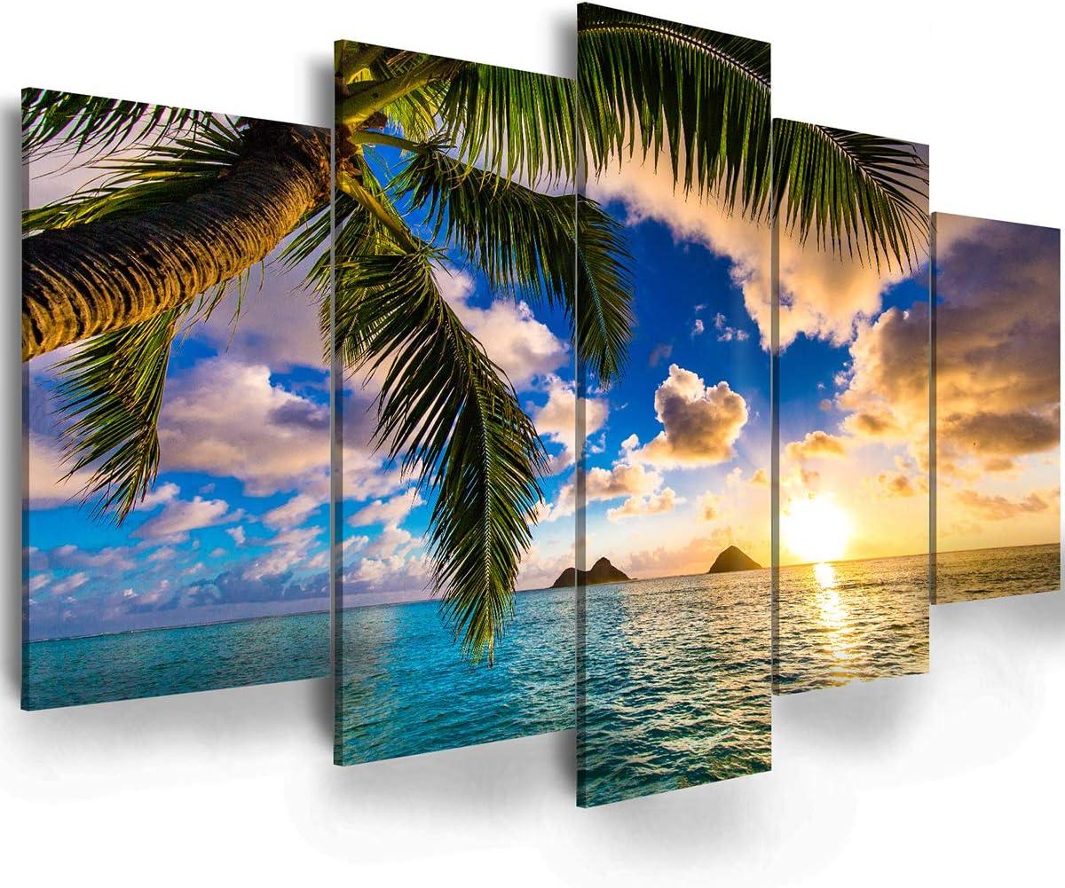 Modern 5 Piece Framed Giclee Canvas Prints - Blue Beach Landscape Blue Paintings on Canvas Wall Art Canvas Print Frame Picture Painting (B-5pcs,40"x20")