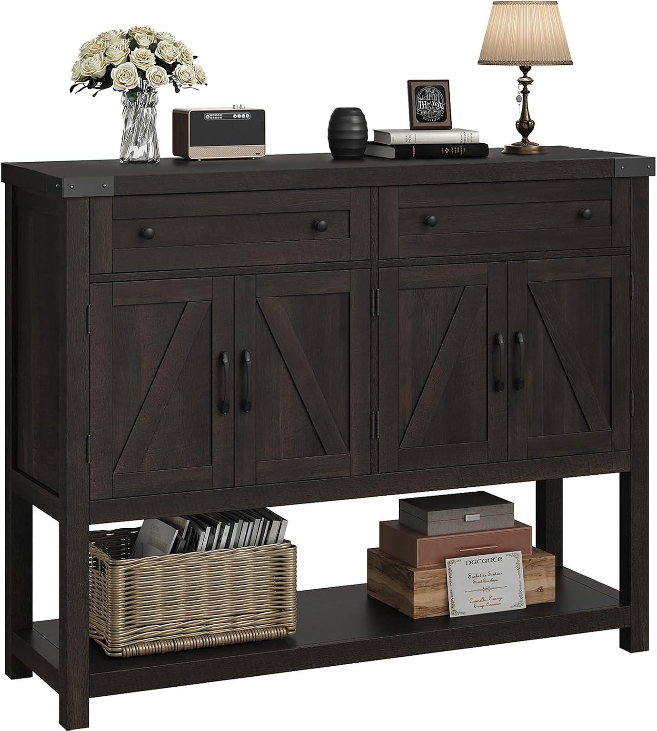 47.2" Modern Farmhouse Coffee Bar with 2 Drawers, Barn Doors Console Table with Shelf for Kitchen