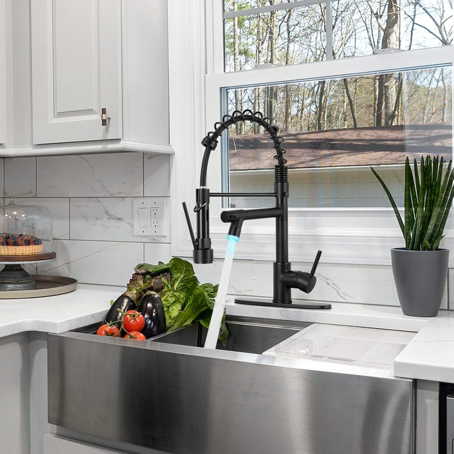 Matte Black Stainless Steel LED Kitchen Faucet with Pull-out Spray