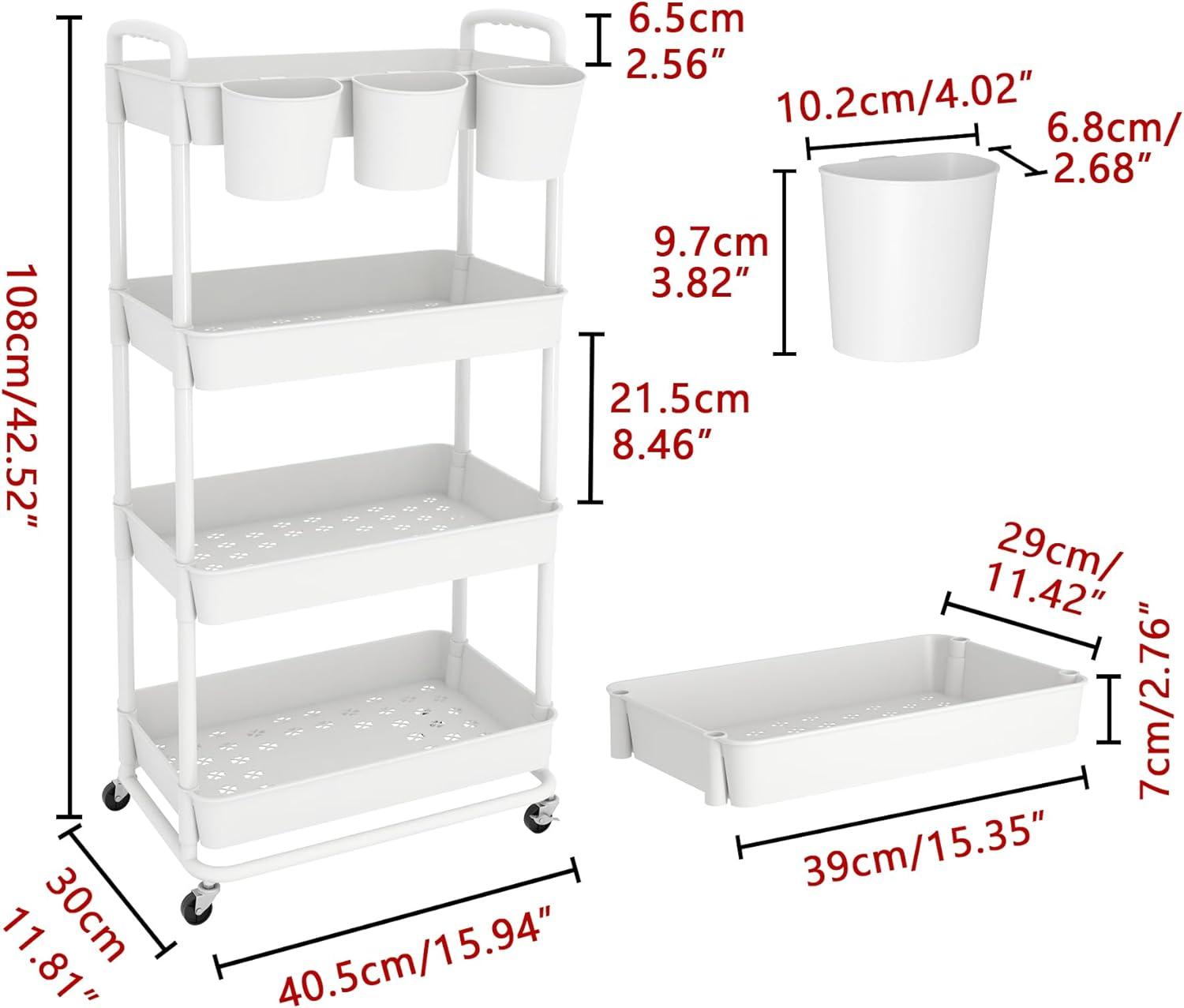 White 4-Tier Plastic Rolling Storage Cart with Lockable Wheels