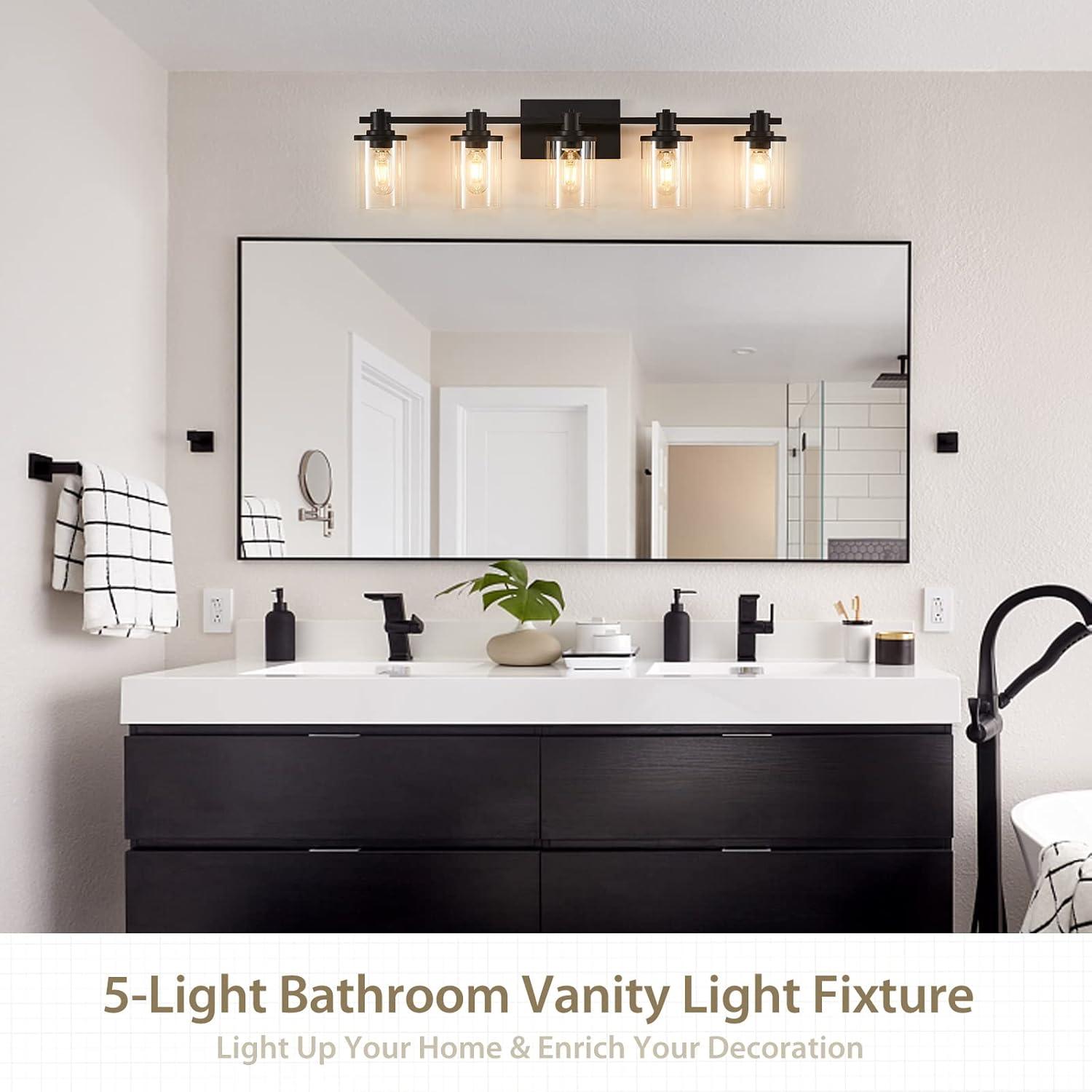 Matte Black 5-Light Bathroom Vanity Fixture with Glass Shades