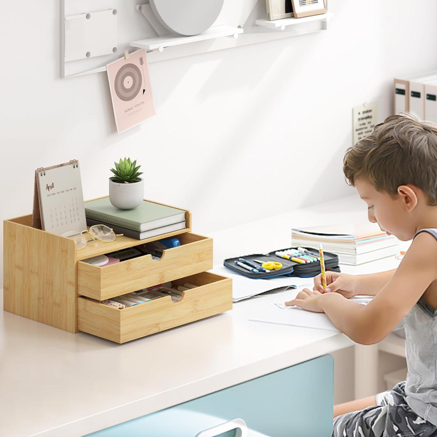 Bamboo Desk Drawer Organizer, 2 Drawer Desktop Organizer with Drawers Tabletop Storage Organization Box for Office Home Toiletries Supplies Vanity, No Assembly Required