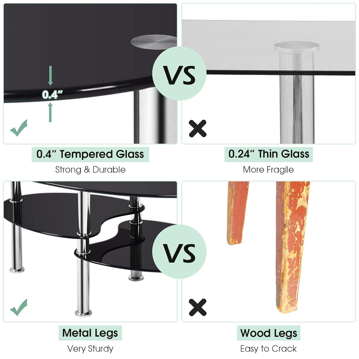 Costway Tempered Glass Oval Side Coffee Table Shelf Chrome Base Living Room Black