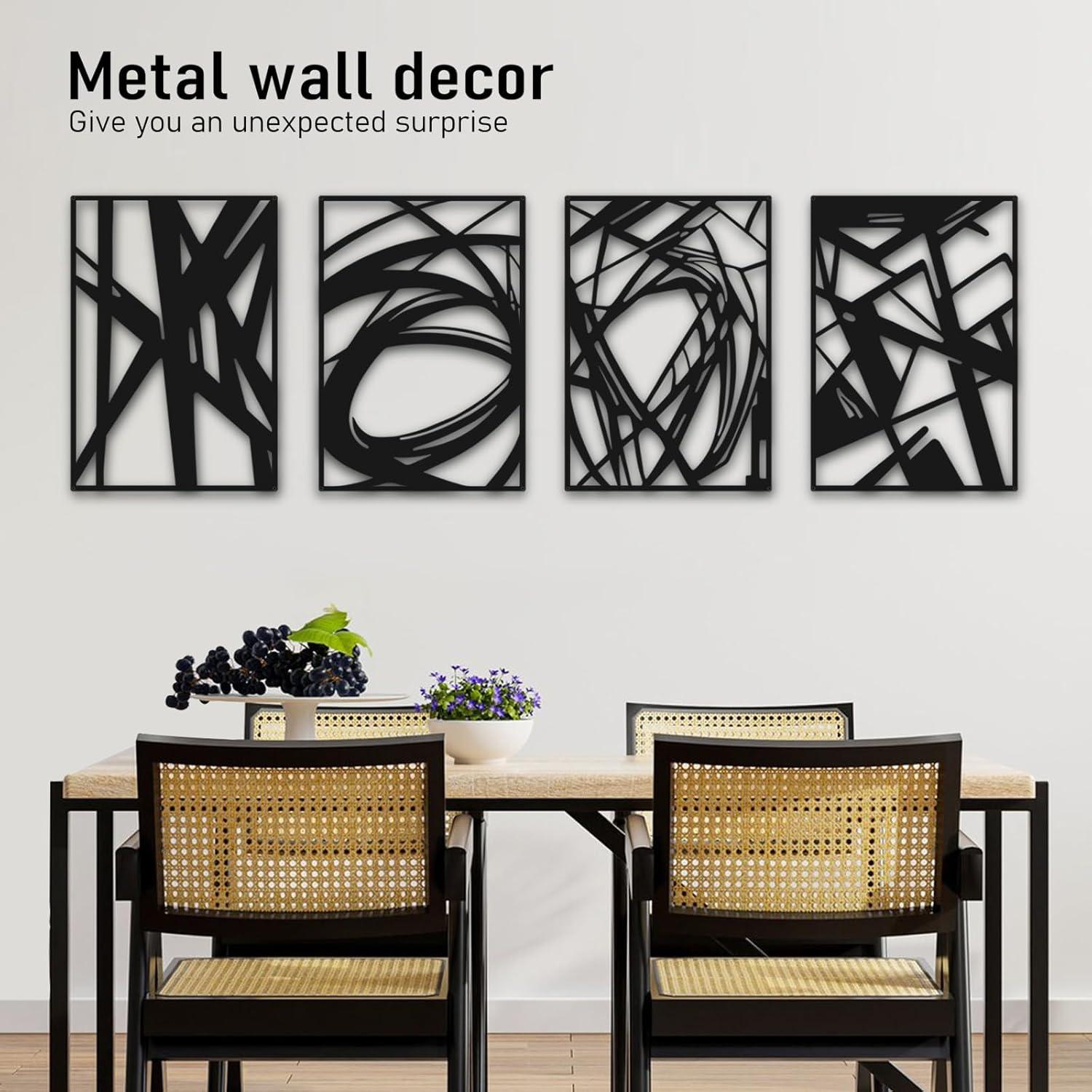 WINUSD 4Pcs Abstract Black Metal Wall Art, 3D Textured Metal Wall Decor, Modern Hollow Out Design Metal Wall Sculptures, Minimalist Line Art Home Decor for Living Rooms Offices Restaurants(16 x 11)