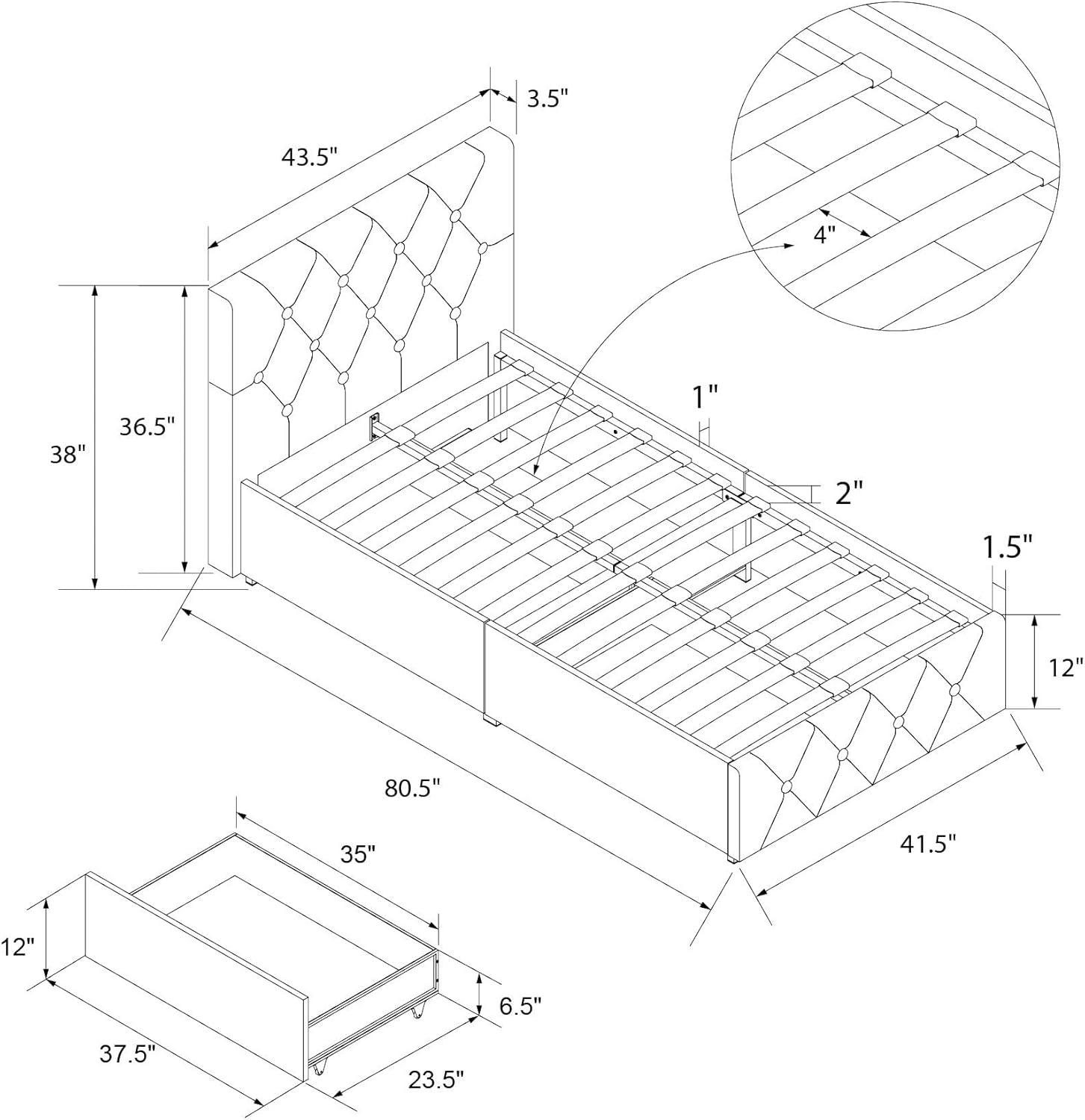 Twin White Upholstered Platform Bed with Storage Drawers