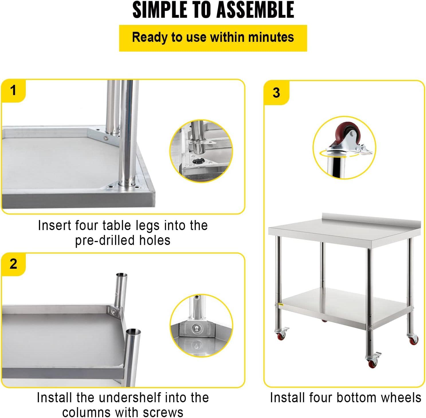 VEVOR Stainless Steel Adjustable Shelf Prep Table, Silver