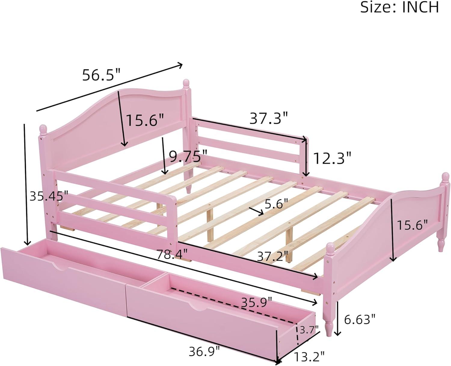 Harper & Bright Designs Kids Full Storage Bed Frame with 2 Drawers and Rails, Wood Platform Beds with Headboard and Footboard, Full Size Bed with Slat Support for Boys Girls,No Box Spring Needed,Pink