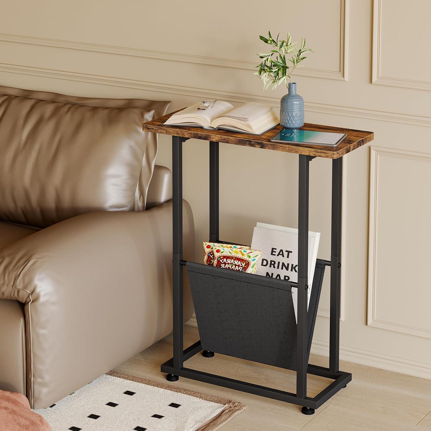 Narrow Side Table, Nightstand with Storage Shelf, Slim Magazine Table for Small Spaces, Narrow Side Snack Couch, End Table for living room, bedroom, hallway, Rustic Brown