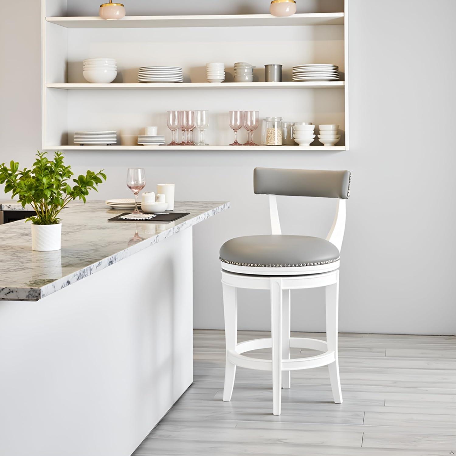 Alaterre Hanover Swivel Counter Height Bar Stool, 26-Inch Seat Height, White and Gray, Solid Rubberwood Frame with Faux Leather Upholstery, Nailhead Trim, Memory Return Swivel Mechanismv