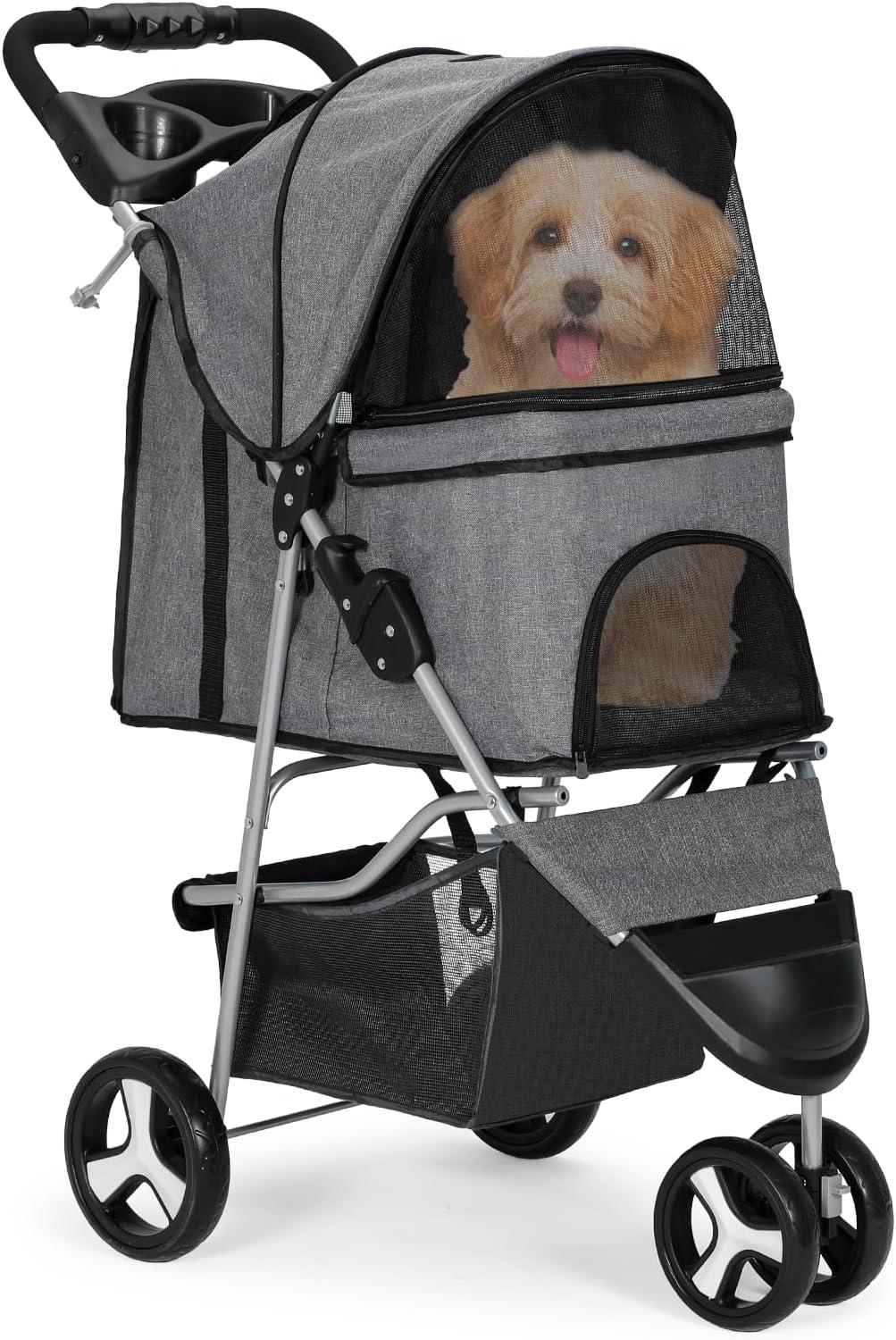 Gray Foldable Pet Stroller with Storage and Cup Holder