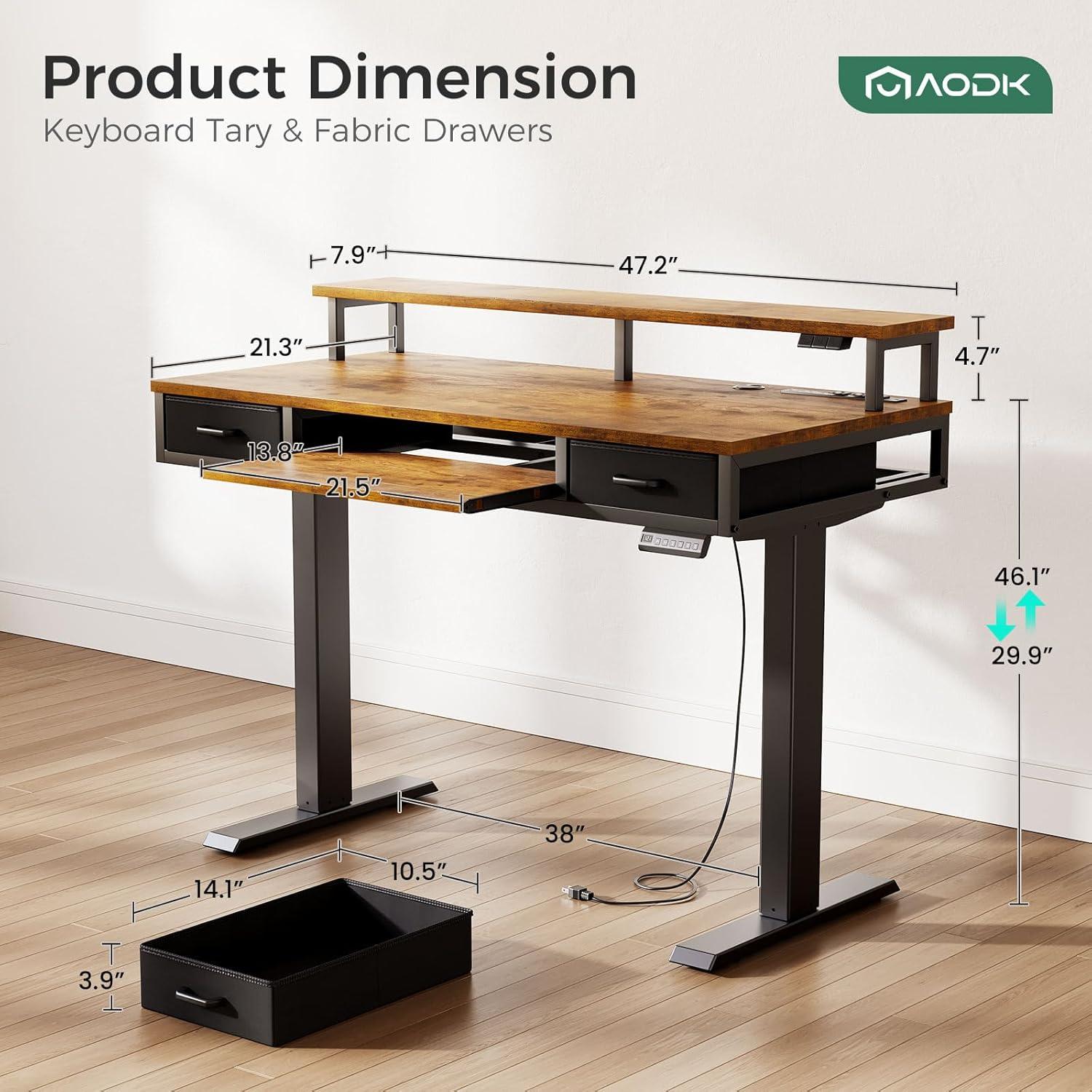 AODK Electric Standing Desk with Drawers & Keyboard Tray, 47 Inch Height Adjustable Small Gaming Desk with Power Outlets & LED Lights, Sit Stand Table with Monitor Stand for Home, Office, Rustic Brown