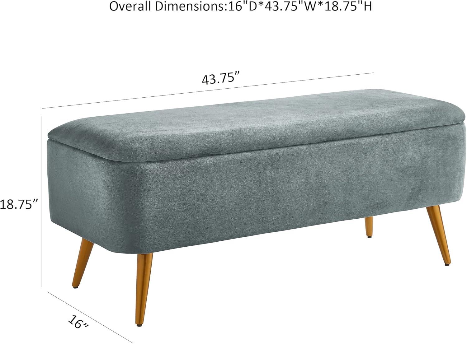 Gray Velvet Upholstered Storage Bench with Golden Tapered Legs