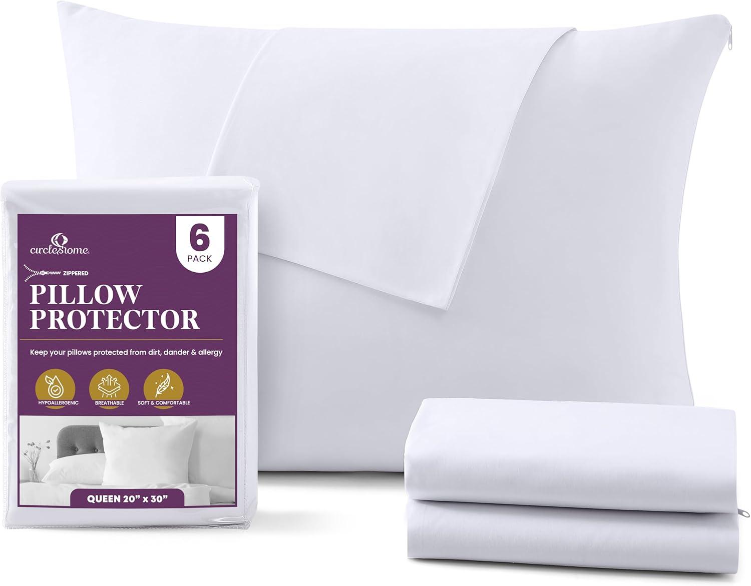 Circles Home 100% Cotton Breathable Queen Pillow Protector with Zipper – (6 Pack)