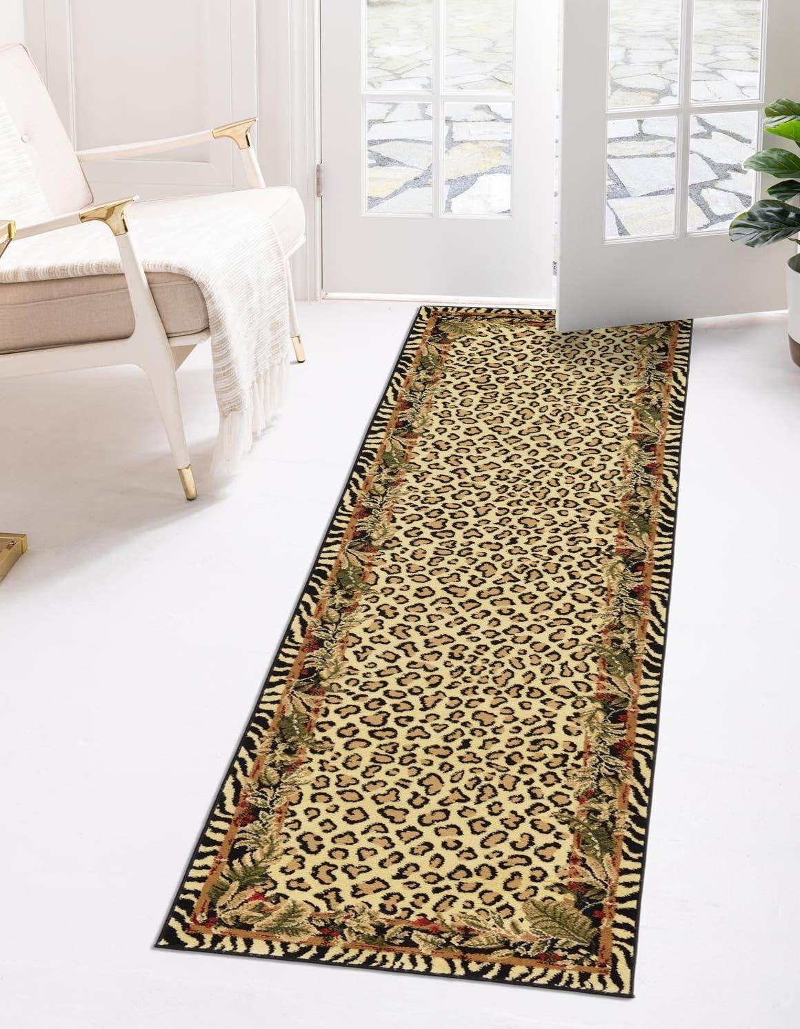 Ivory and Black Leopard Print Runner Rug with Botanical Border