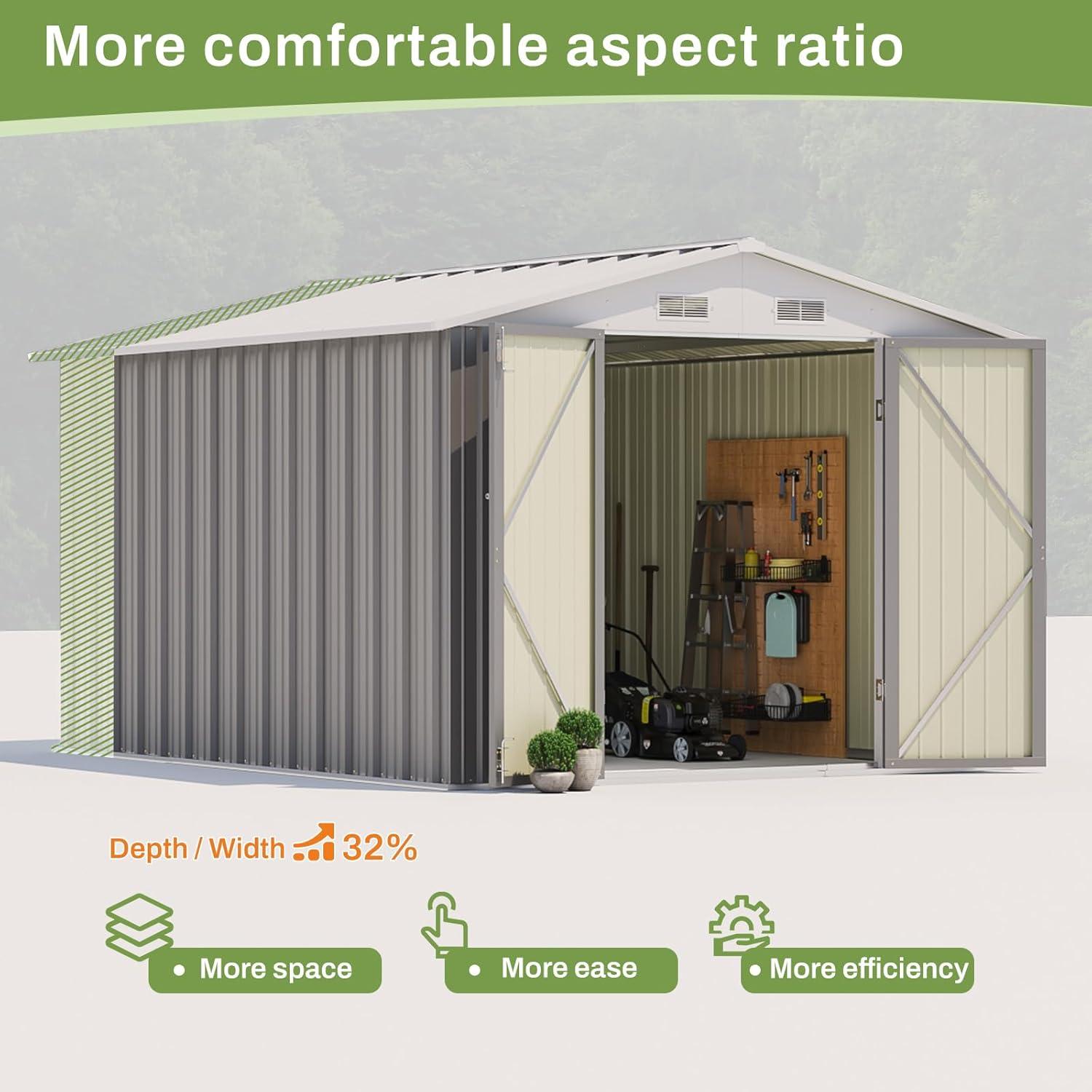 Patiowell  10 x 8 ft. Outdoor Storage Metal Shed with Sloping Roof and Double Lockable Door, Gray