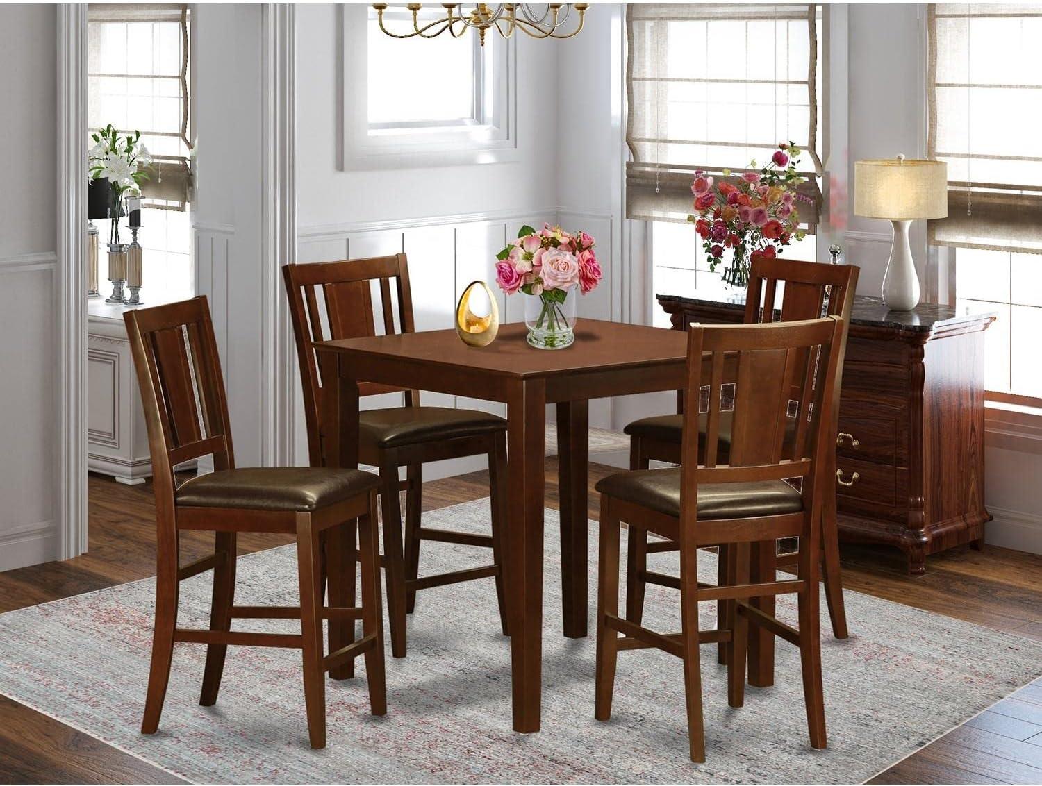 Mahogany Square Pub Table with 4 Faux Leather Chairs