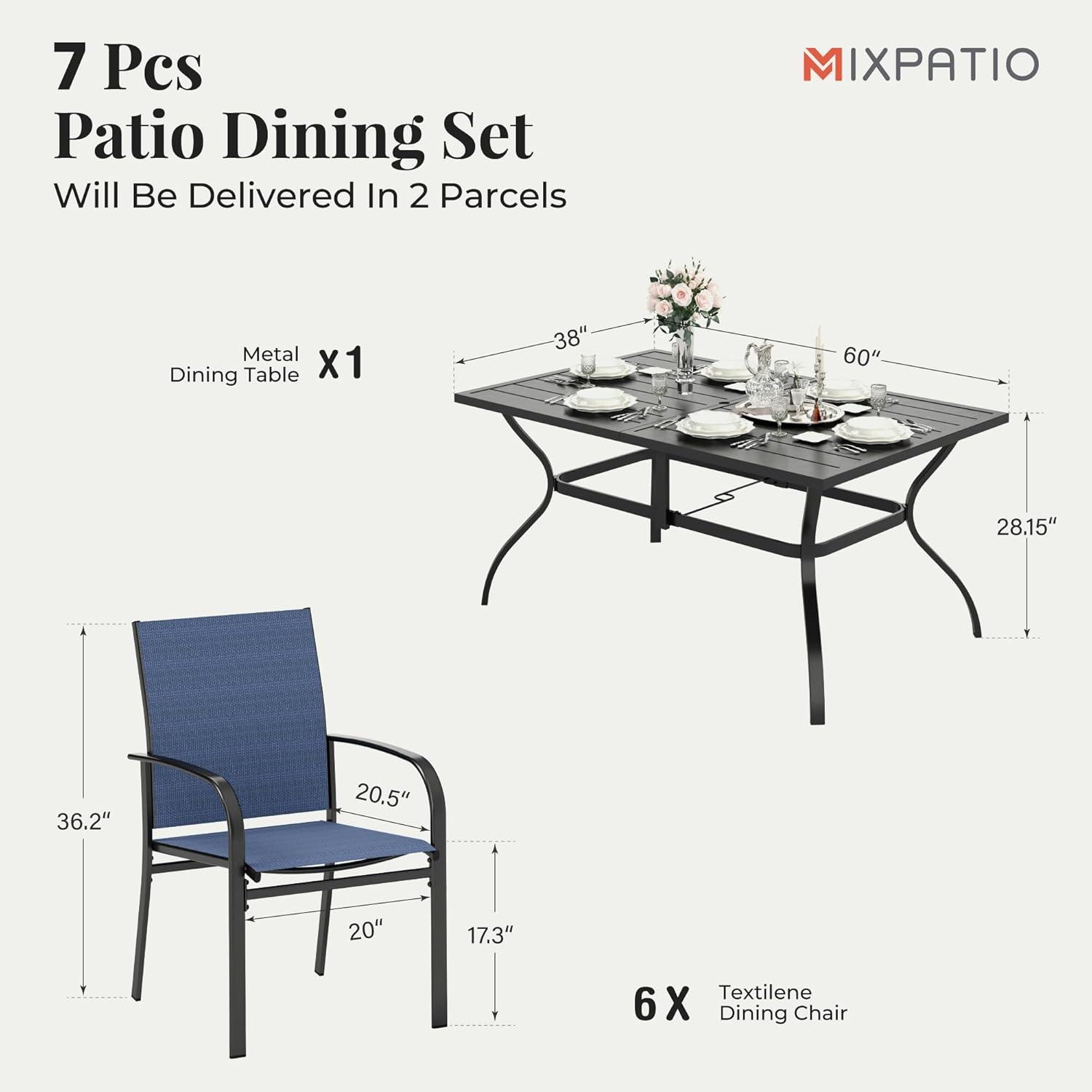 Summit Living 7-Piece Outdoor Patio Dining Set with Rectangle Steel Table with Wooden Tabletop & Textilene Chairs for 6-Person, Black & Blue