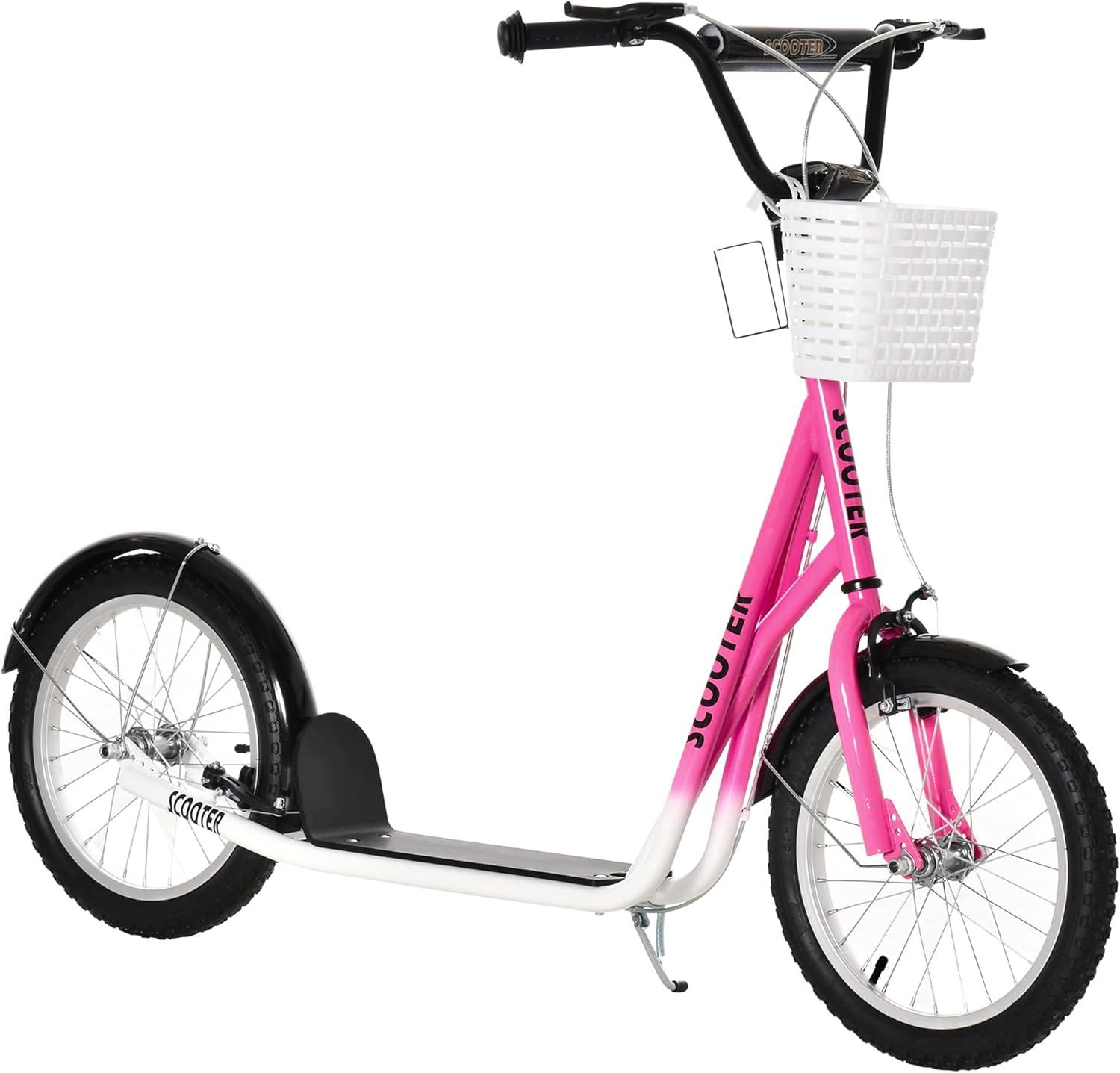 Aosom Youth Scooter, Kick Scooter with Adjustable Handlebars, Double Brakes, 16" Inflatable Rubber Tires, Basket, Cupholder, Mudguard Ages 5-12 years old