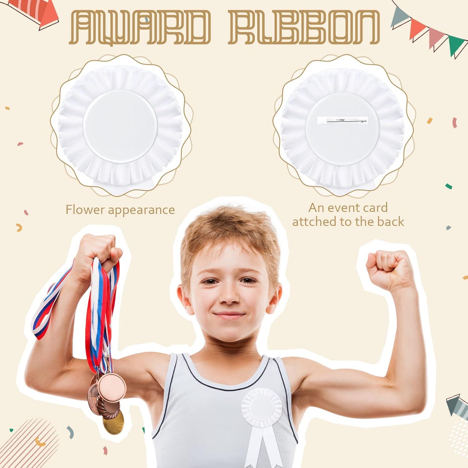 12Pcs White Brooch Winner Blank Award Ribbon Button Pin Victory Ribbons Rosette Ribbon Grand Prize for DIY Classroom Party Accessory Competition Sports Event School Contests Show