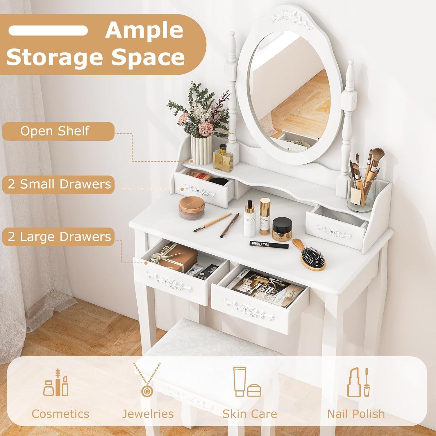 Giantex Girls Vanity Desk with 4 Drawers, White Makeup Vanity Table with Mirror and Cushioned Stool, Rose Shaped Knobs, Modern Bedroom Dressing Table for Small Place Apartment