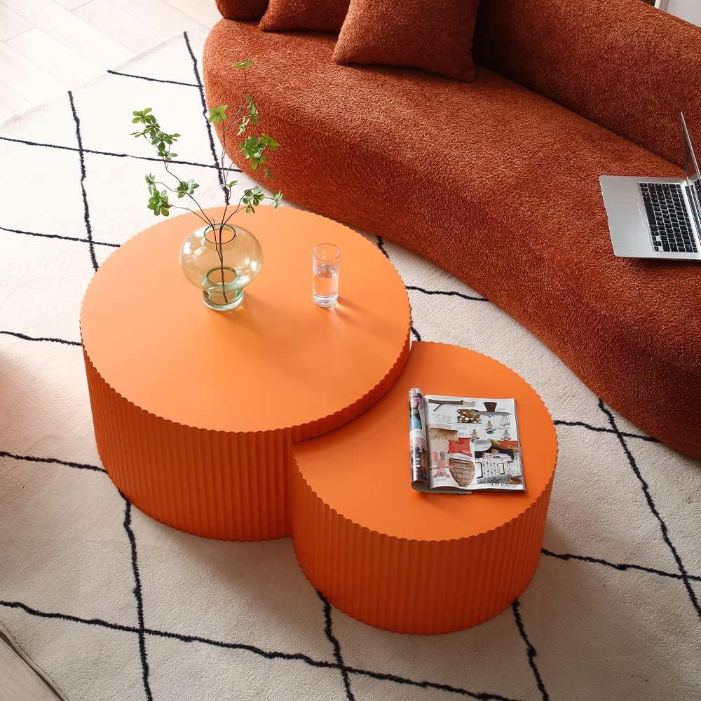 WILLIAMSPACE Nesting Coffee Table Set of 2, Matte Orange Round Wooden Coffee Tables, Modern Luxury Side Tables Accent End Table for Living Room Apartment, 23.62"*23.62"*15.75"H (Orange,Round)