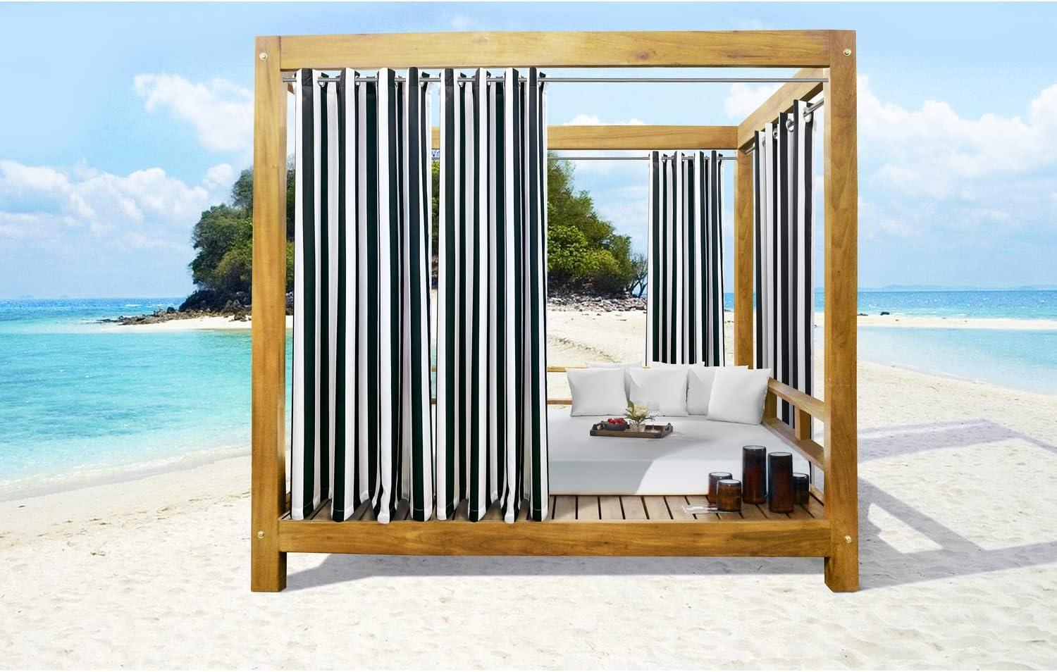 Black Striped Polyester Light-Filtering Grommet Outdoor Curtains