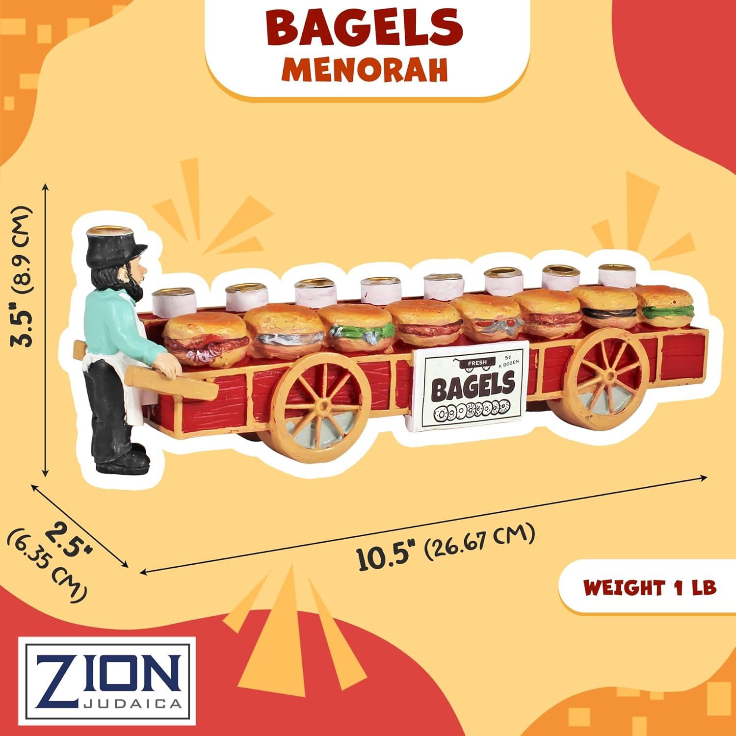 Zion Judaica Bagels and Lox Menorah - Merchant and Sandwiches Cart Collectible Candle Menorah - Fits Standard Size Hanukkah Candles