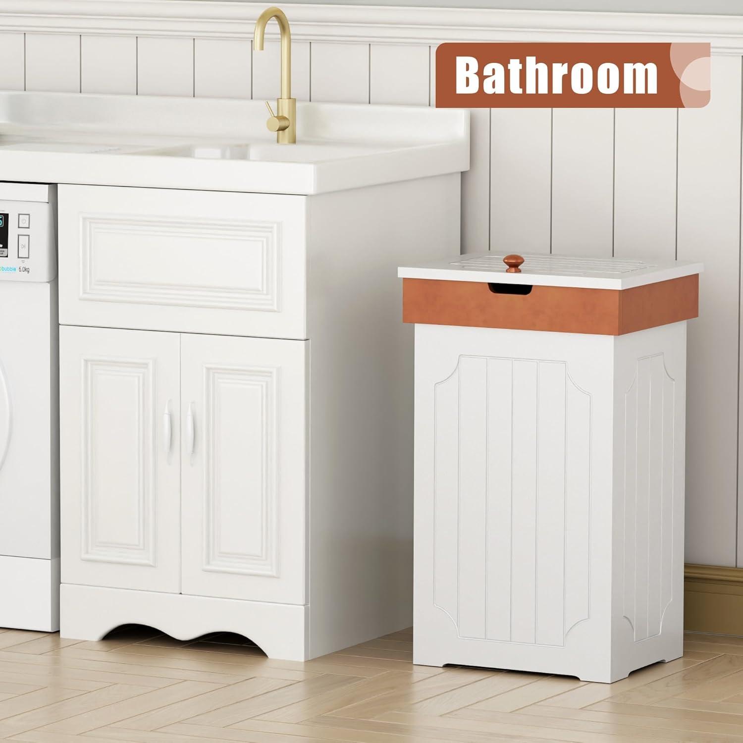 Function Home Trash Can Cabinet, 13 Gallon Kitchen Garbage Can, Wooden Recycling Trash Bin, Dog Proof Trash Can, Trash Cabinet with Lid for Home Kitchen Bathroom, White