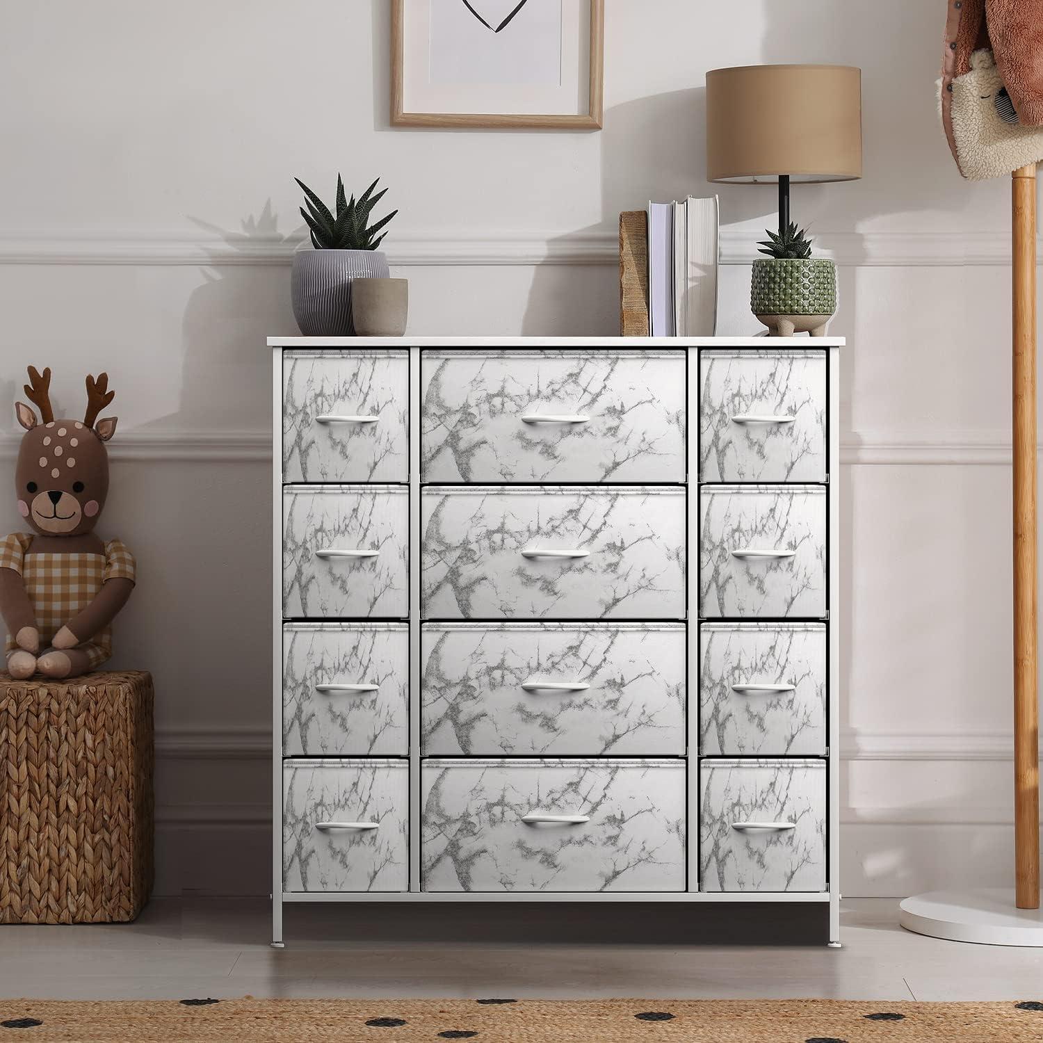 Sorbus White 12-Drawer Vertical Dresser with Marble Print Fabric Bins