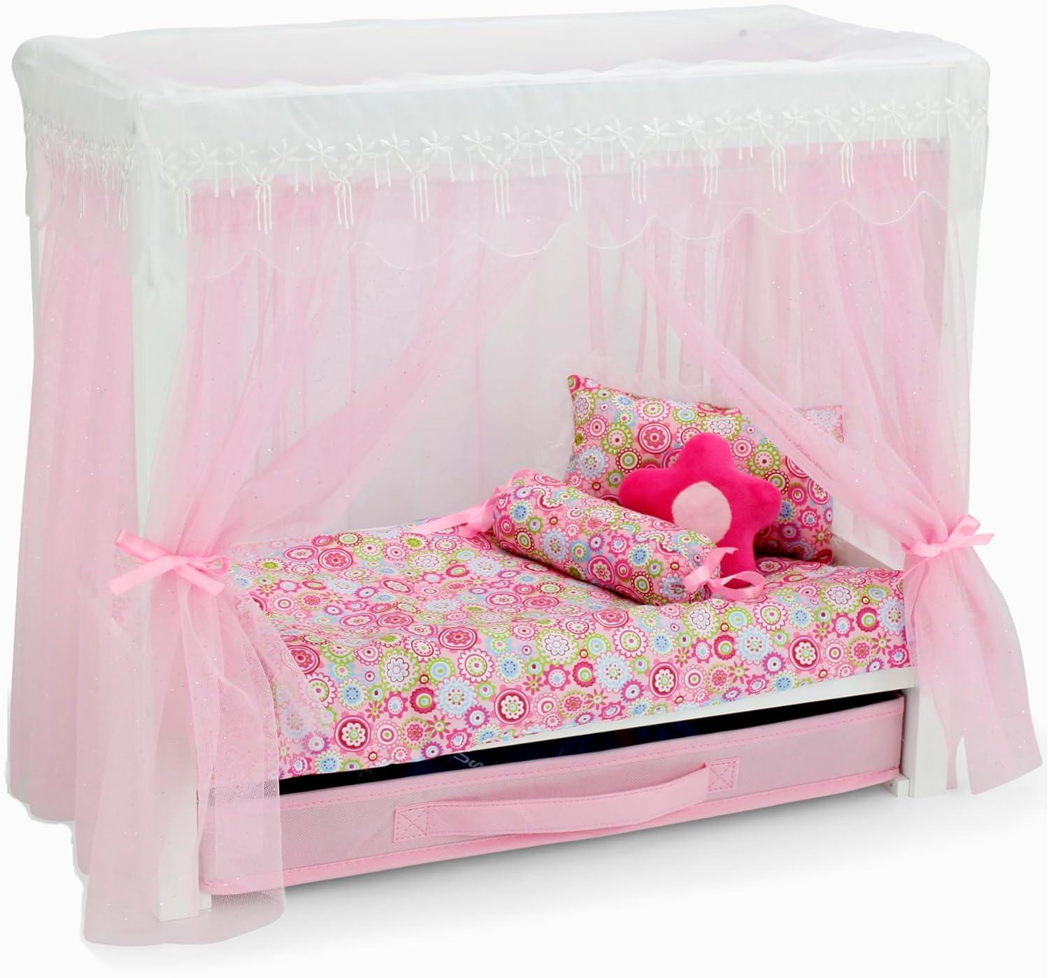 Emily Rose 18 Inch Doll Furniture | 18" Doll Canopy Single Bed with Doll Clothes Storage Drawer | Doll Bed Includes a 5 Piece Colorful Bedding Set | Fits 15" - 18" Dolls