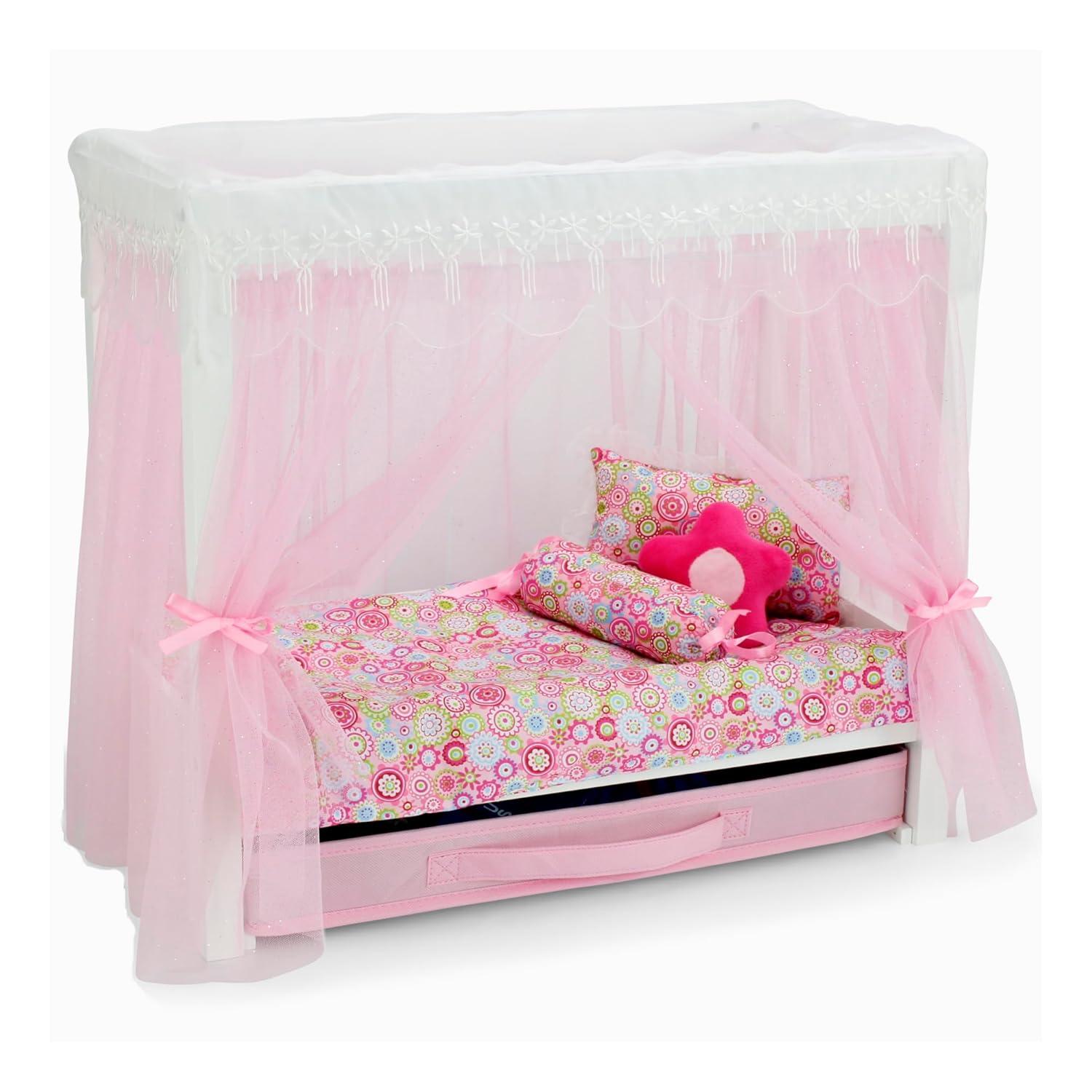 Emily Rose 18 Inch Doll Furniture | 18" Doll Canopy Single Bed with Doll Clothes Storage Drawer | Doll Bed Includes a 5 Piece Colorful Bedding Set | Fits 15" - 18" Dolls